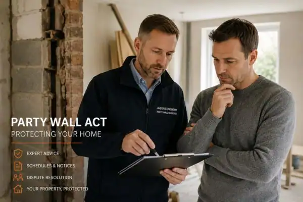 Party wall surveyor Lancashire discussing extension plans with homeowner outside a UK semi-detached house.